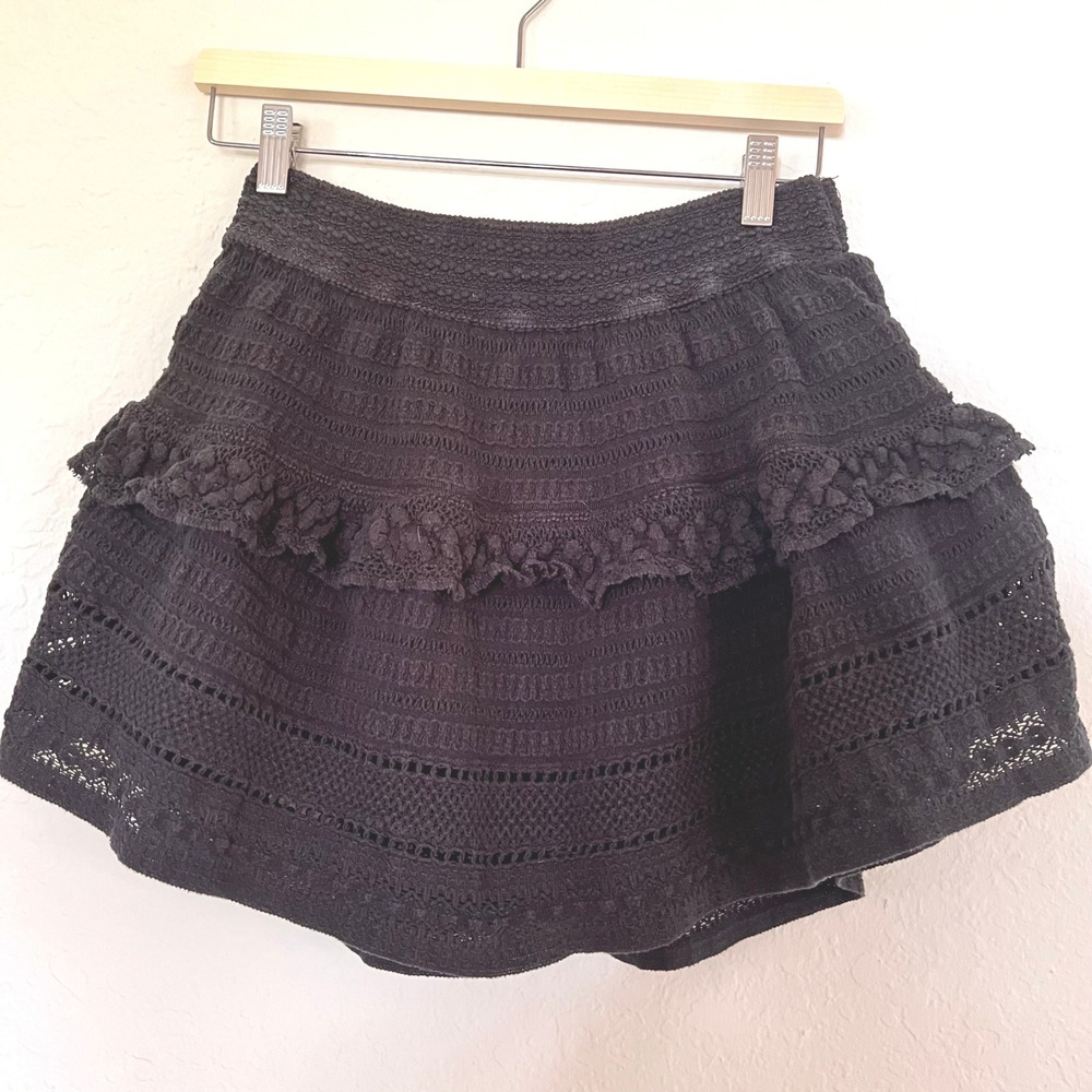 Aerie Crochet Mini Skirt Womens M Black Ruffle Boho Knit Tiered Festival